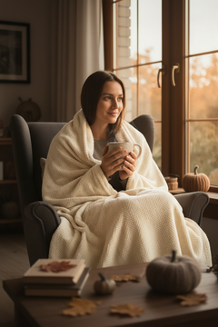 Woman wrapped in a cozy Bonus Mom fleece blanket in a warm living room